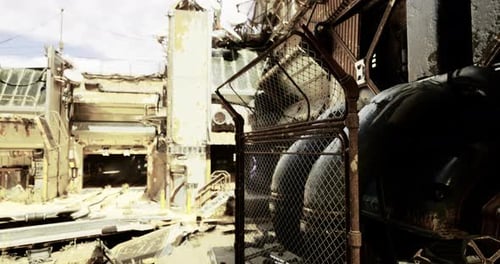 Abandoned Industrial Site with Decayed Structures and Scattered Debris