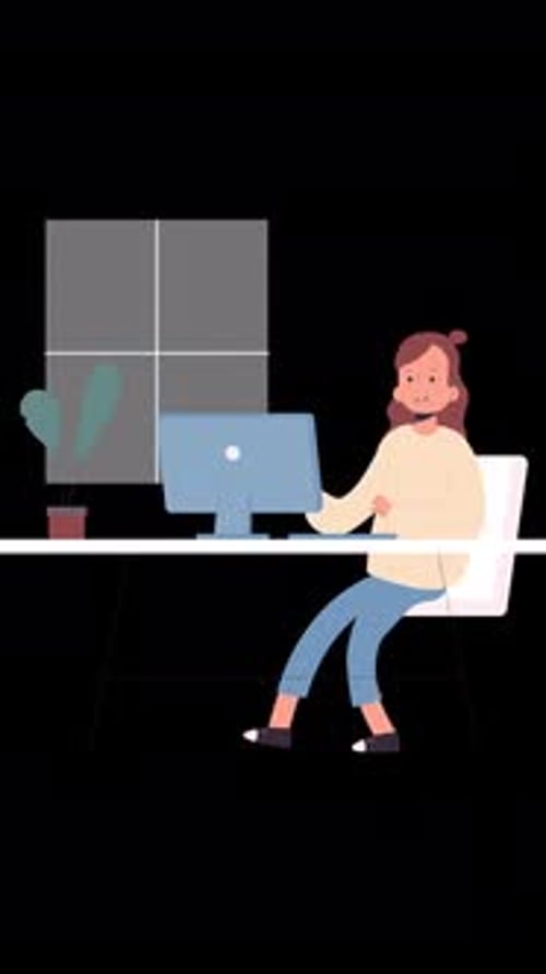 Businesswoman Sitting At Desk Working On Laptop Cartoon Animation On Vertical On Alpha Channel