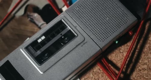 Le magnétophone se trouve sur le plateau d'enquête, et les preuves sont reliées par une bande rouge