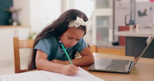 Little girl, writing and sleeping by laptop in burnout for education, learning or homework on desk