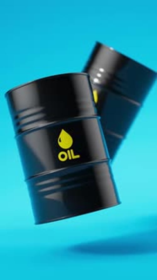 Two Black Metal Oil Barrels Floating on a Blue Background for Petroleum Industry Concept Vertical