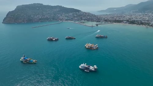 Aerial Video of Harbor Entrance with Vessels Offshore