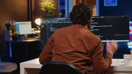 IT Specialist in Home Office Enjoying Hot Beverage While Programming