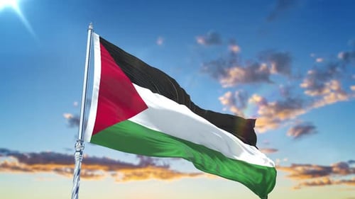 Realistic Palestine Flag Waving in Blue Sky