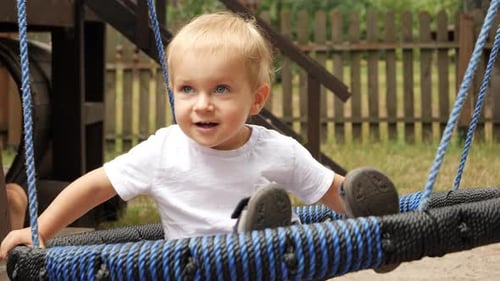 Little baby boy having fun and smiling while riding in rope nest swing at park