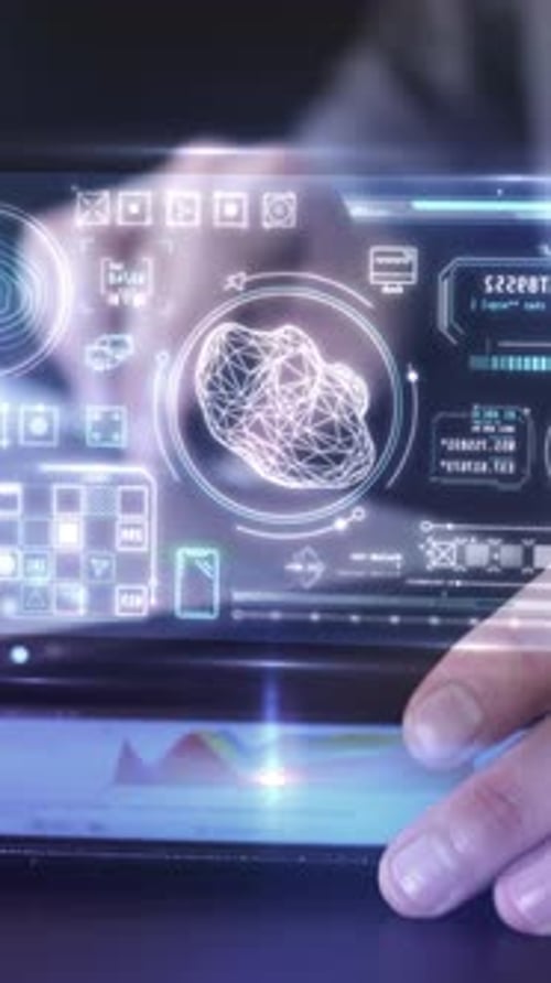 Animated Futuristic Digital Interface with Wireframe Brain and Data