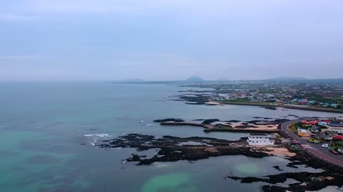 Aerial view of Jeju Island’s coastline, natural landscapes