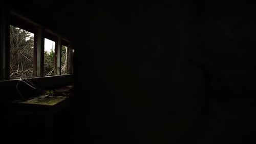 Slow reveal pan left to right of the interior of an abandoned building on the grounds of a mental in