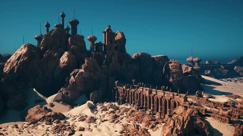 Majestic Ancient Ruins Rise From Golden Sands Under a Clear Blue Sky