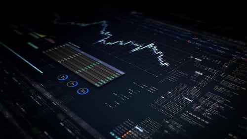 Futuristic Financial Data Display with Animated Charts and Graphs