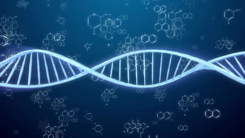 Animated DNA Double Helix and Floating Chemical Structures Background