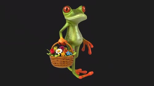 Lustiger 3D-Cartoon-Frosch mit Blumen (auf Alpha)