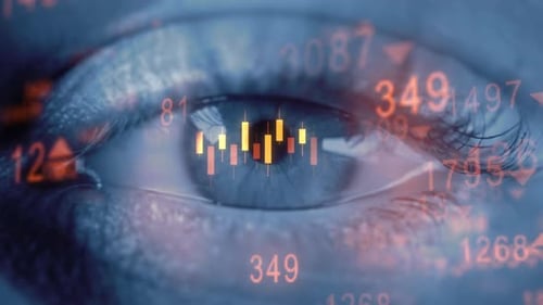 Close Up of Human Eye with Candlestick Chart Reflection Trader Vision of Financial Market Forex and