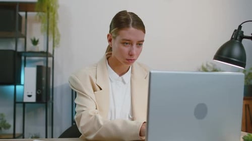 Business Smiling Woman Closing Laptop Computer After Finishing Online Work Remote Job Home Office