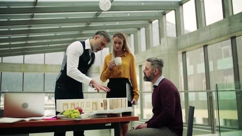 Architects discussing house model project at modern architecture firm office
