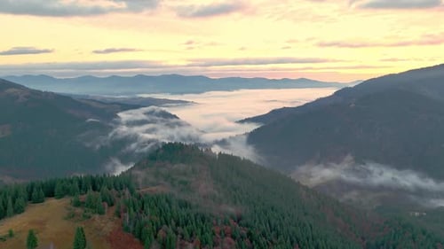 Breathtaking Aerial View of Mountain Peaks and Valley Covered in Thick Fog During Colorful Sunrise