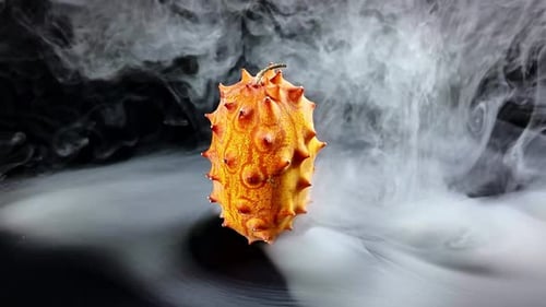 Melon kiwano exotique entouré d'une fumée blanche éthérée et tourbillonnante sur fond noir. Gros plan