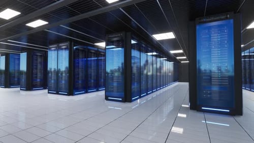 Servidores de red y datos detrás de paneles de vidrio en una sala de servidores