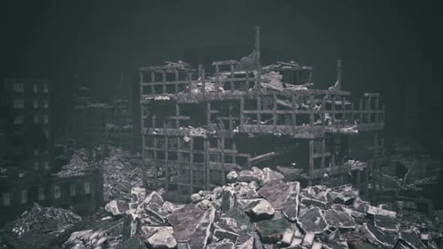 Ruined Buildings Amidst Debris in a Post Apocalyptic Urban Landscape