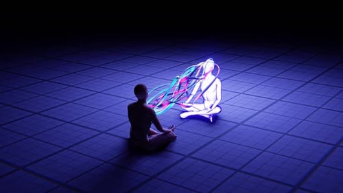 Digital Figures Exchange Data Energy in Futuristic Abstract Space