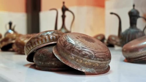 Close view of vintage painted dishes in hamam museum in Istanbul, Turkey.