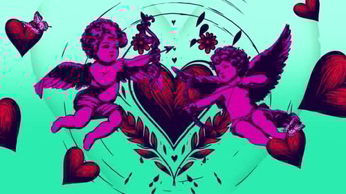 Decorative Love Hearts with Flying Cupids Animation