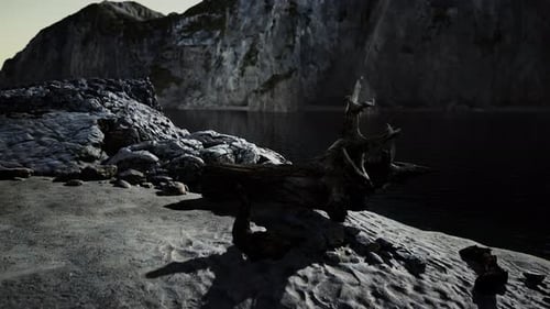Black Sand Beach Hidden Between Blurred Volcanic Rocks