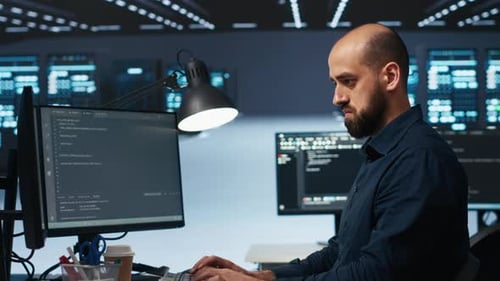 Focused Man Coding at Computer Workstation