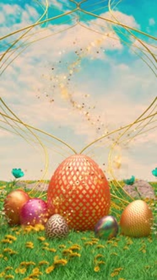 Frohe Ostern, Eier auf dem goldenen Podium, im Gras und Blumen an einem sonnigen Tag