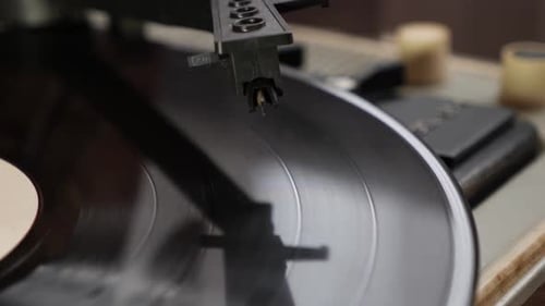 62. Vinyl player. Needle player close up. Retro vinyl record player.
