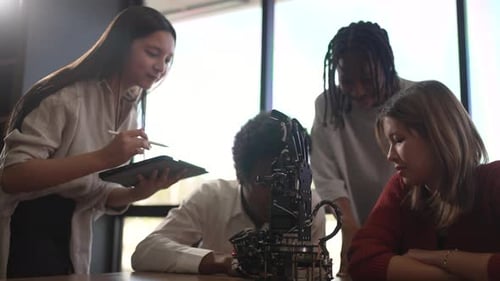 Group of students are brainstorming and working with robot arm at the science workshop.