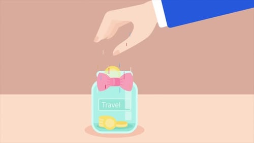 Animated Hand Drops Coins into Travel Savings Jar