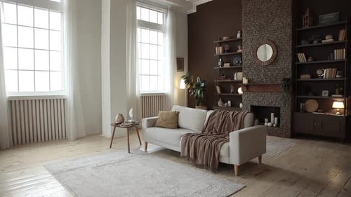 Modern Stylish Spacious Living Room with Beige Sofa on the Background of Large Windows Brown Wall