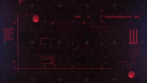 Animation of network of red hexagons and light trails with data processing on black background