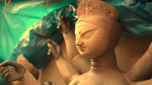 Kolkata, India : Close up of Goddess Durga idol showing left profile; Durga idol captured in a high