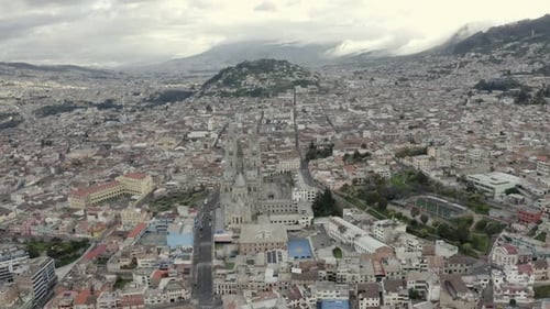 Drone shot of La Basilica del Voto Nacional located in the historic center of Quito, Ecuador. Virgin