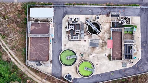 Aerial Drone View Process Cleaning Dirty Sewage Water By Active Sludge Modern Technologies