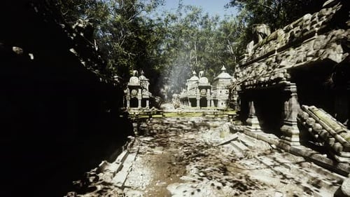Illuminated Temple Setting with Statues and Relaxing Ambiance