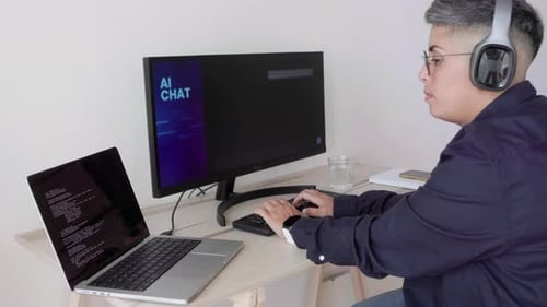 AI chatbot: Programmer using artificial intelligence for software development inside office