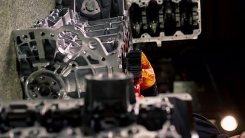 Vertical Video At a Service Station on the Table Young Engine Repairman Puts a Piston Part in Place