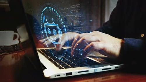 Chatbot ai online assistant support symbol and man typing keyboard