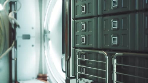 Vue intérieure d'un module de station spatiale avec des unités de stockage en orbite