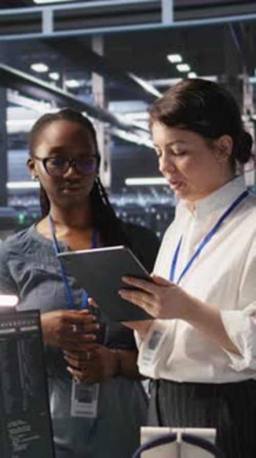 Vertical Video Teamworking Engineers in Data Center Integrating AI Automation Tools