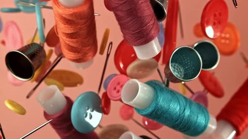Floating Thread Spools and Colorful Buttons in Studio
