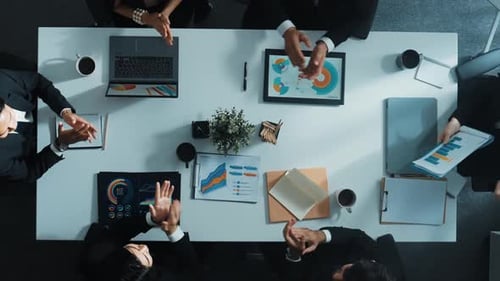 Top view of business team listening manager present growth sales. Directorate.