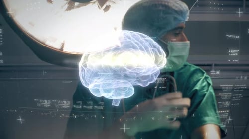 Brain Surgeon Examining Futuristic Scan in Operating Room