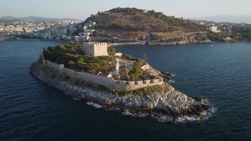 Aerial view of scenic castle on Guvercinada Island at Kusadasi