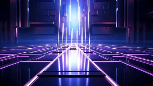 Futuristic corridor with glowing purple and blue lines, reflecting on dark surfaces