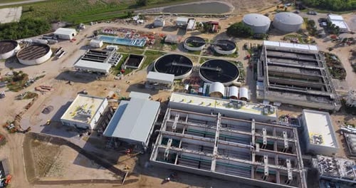 Aerial View of Water Treatment Factory at City Wastewater Cleaning Facility Purification Process of
