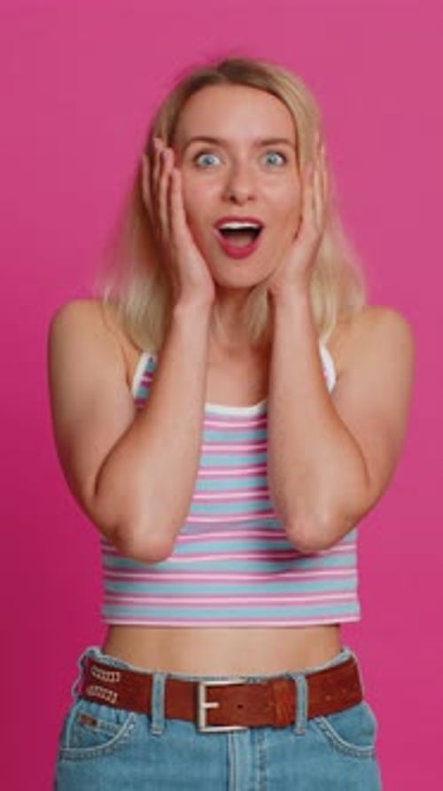 Shocked Amazed Woman Surprise Looking at Camera with Big Eyes Shocked By Sudden Victory Wow Emotion